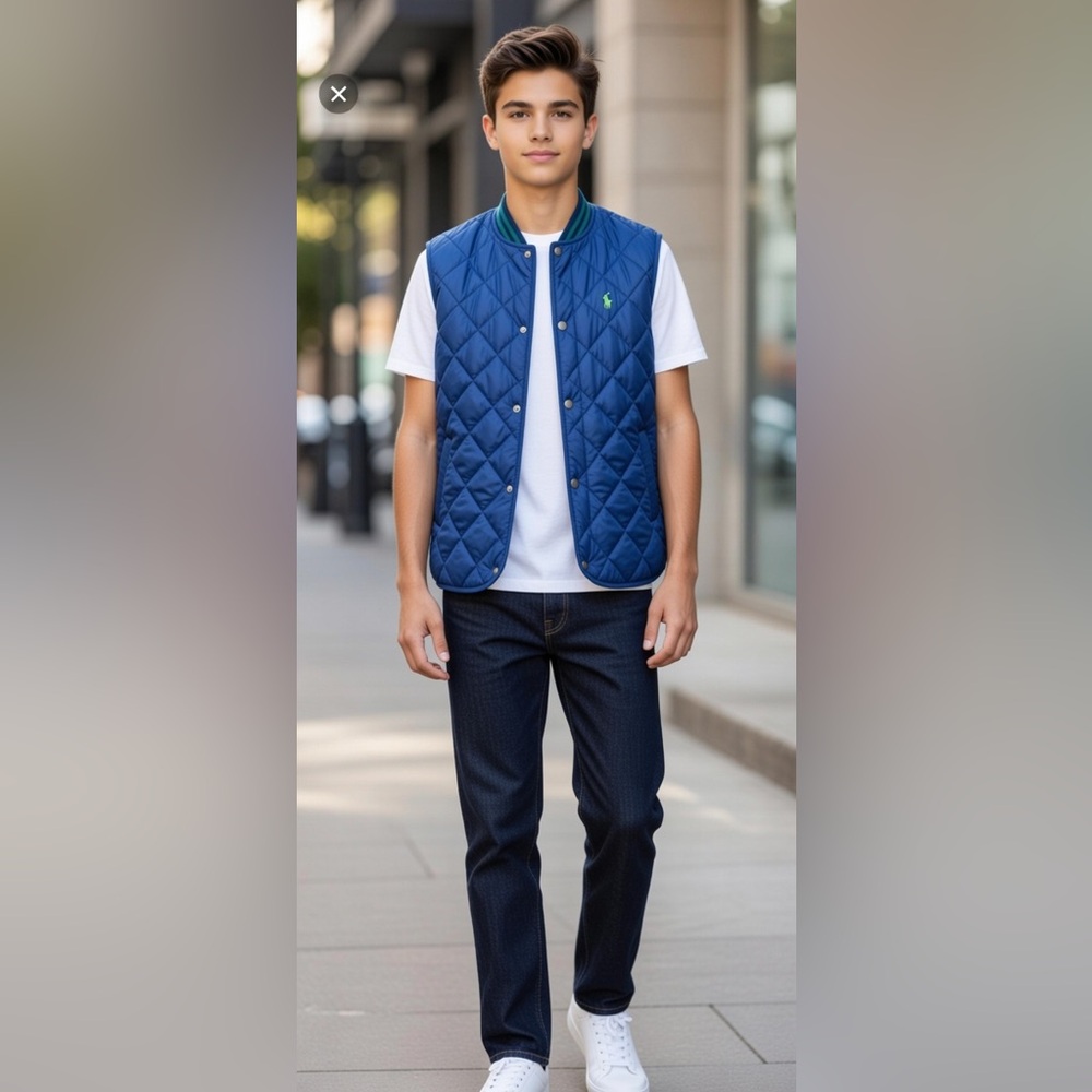 Polo Ralph Lauren Boys L Navy Water Resistant Diamond Quilted Vest Navy Blue